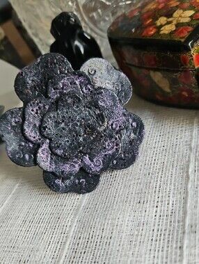 Handcrafted Black Genuine Leather Tooled & Painted Pet Collar Floral Accent NEW